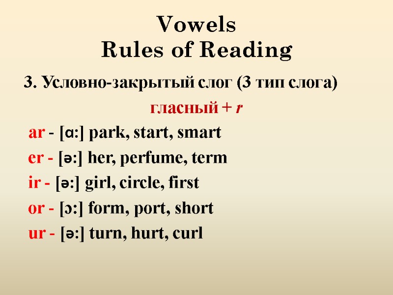 Vowels Rules of Reading 3. Условно-закрытый слог (3 тип слога)  гласный + r